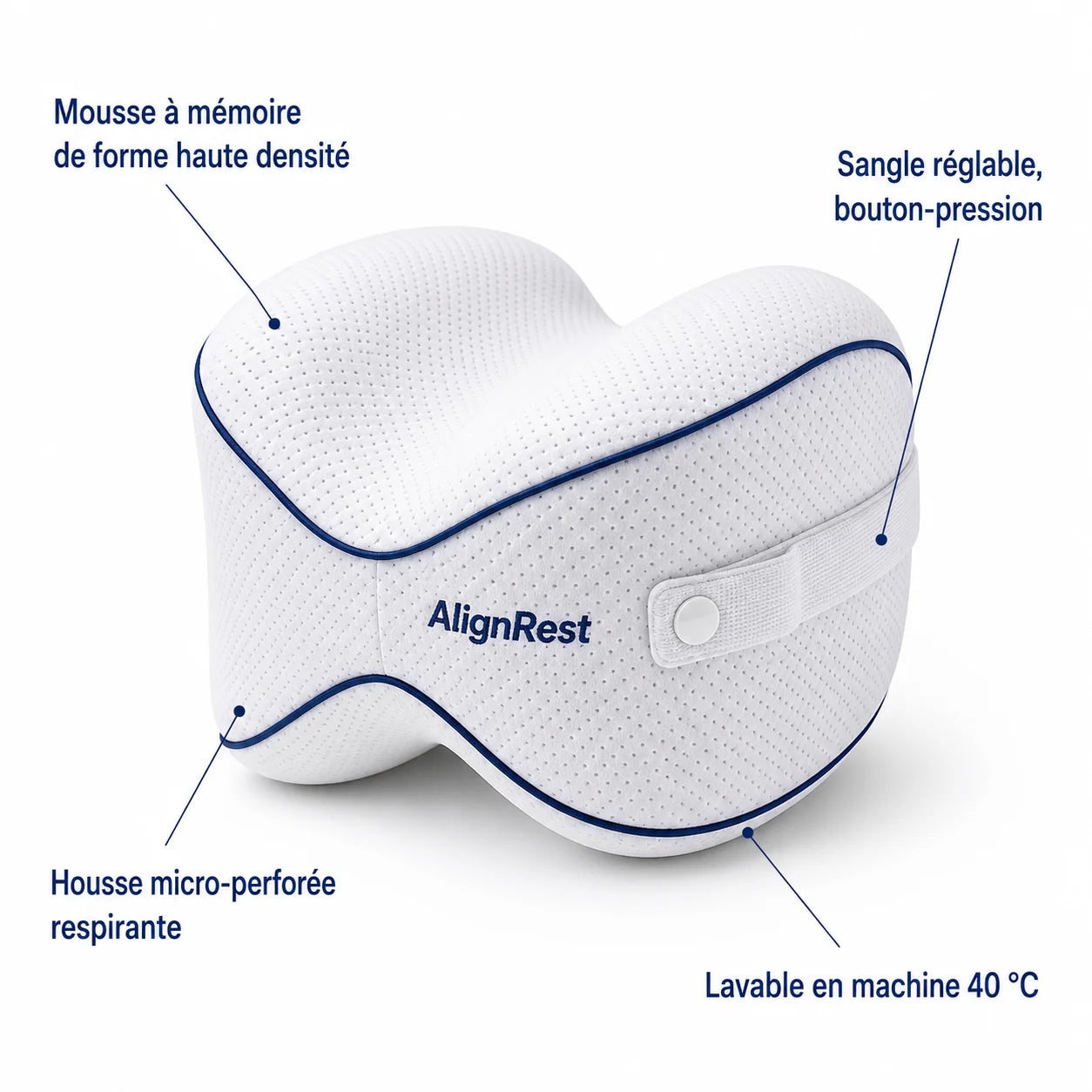 Détails du coussin AlignRest - mousse, sangle, housse lavable