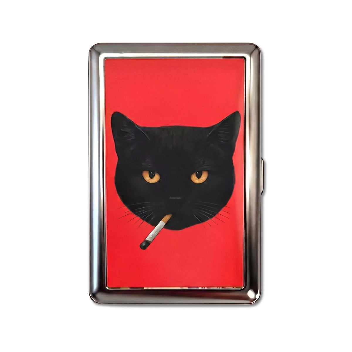 Porte-cartes en métal Bad Habit, taille Large, chat noir à la cigarette sur fond rouge