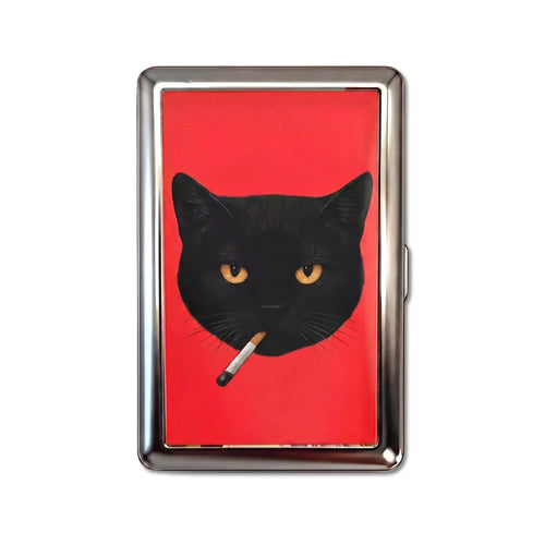 Porte-cartes en métal Bad Habit, taille Large, chat noir à la cigarette sur fond rouge