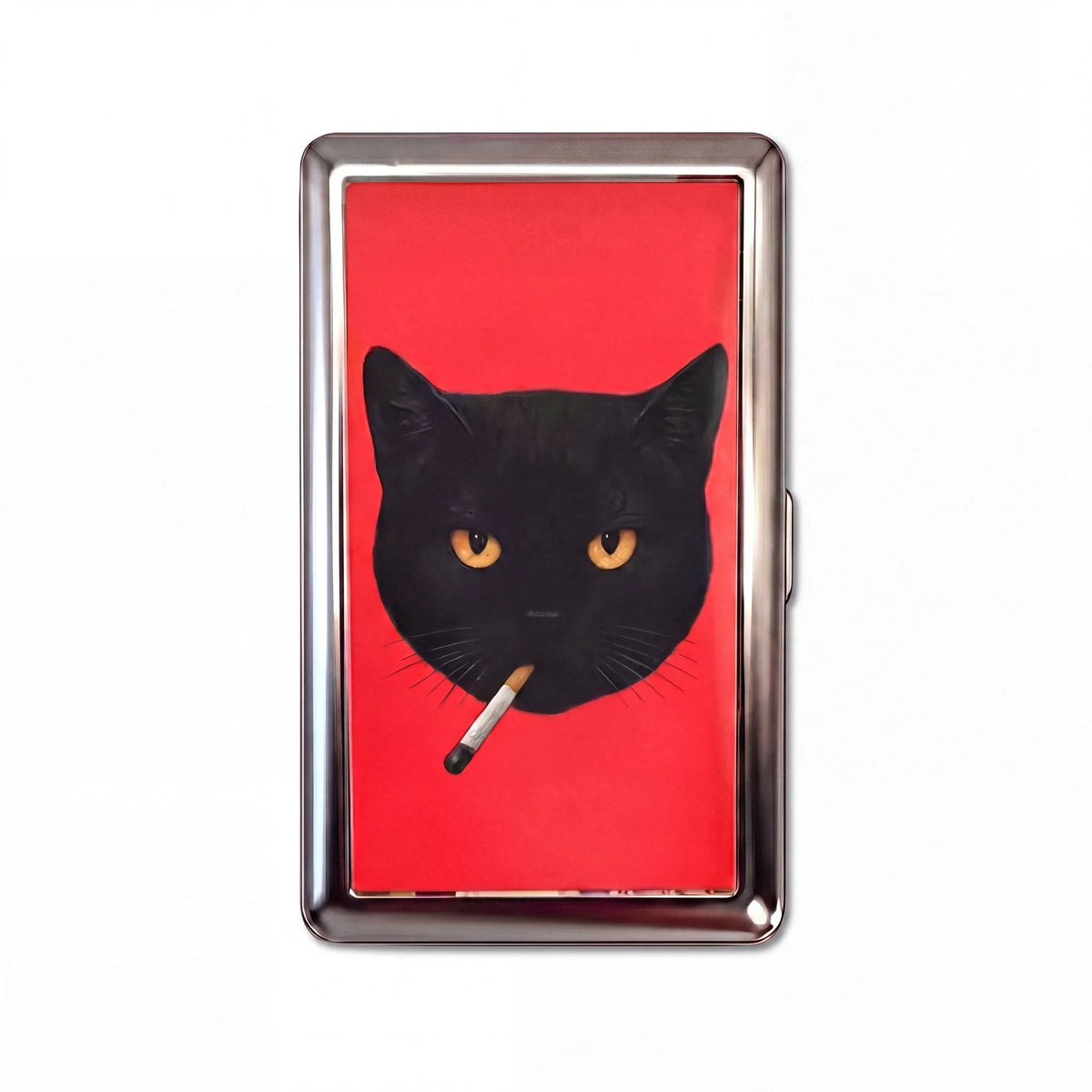 Porte-cartes en métal Bad Habit, taille Standard, chat noir à la cigarette sur fond rouge