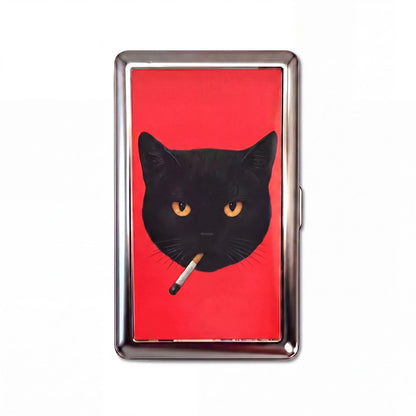 Porte-cartes en métal Bad Habit, taille Standard, chat noir à la cigarette sur fond rouge