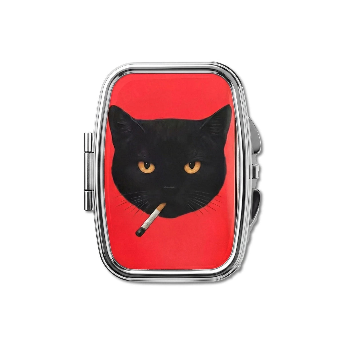 Pilulier Bad Habit, chat noir à la cigarette sur fond rouge