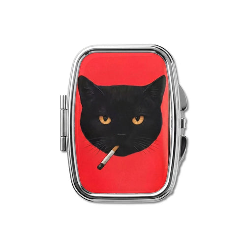Pilulier Bad Habit, chat noir à la cigarette sur fond rouge