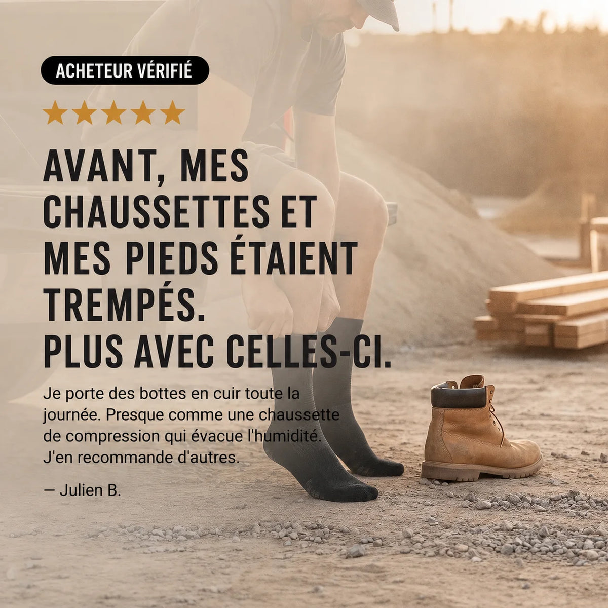 Avis acheteur vérifié — avant mes chaussettes et mes pieds étaient trempés, plus avec celles-ci
