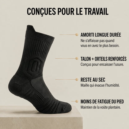 Conçues pour le travail — amorti longue durée, talon et orteils renforcés, reste au sec, moins de fatigue du pied