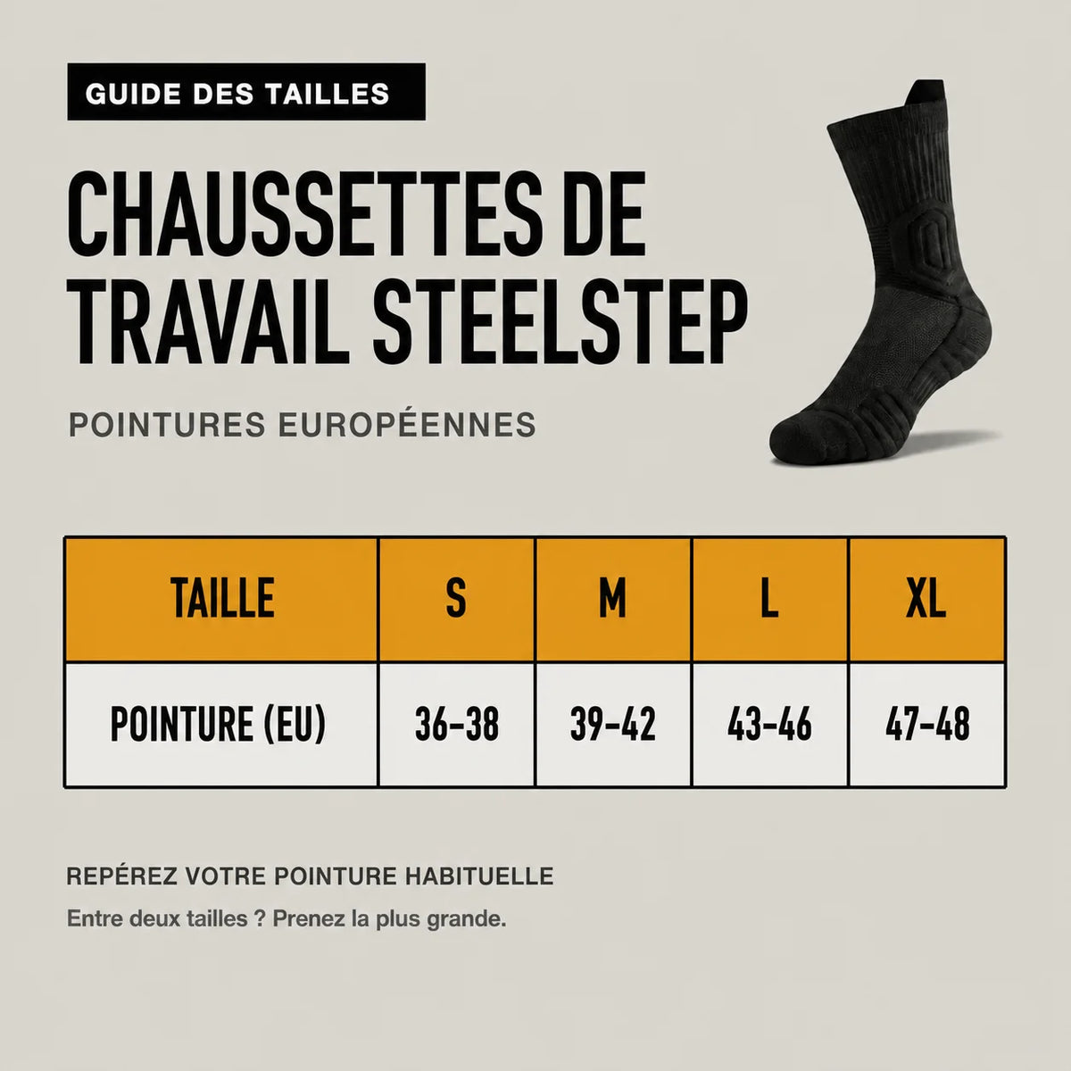 Guide des tailles chaussettes de travail SteelStep — pointures européennes